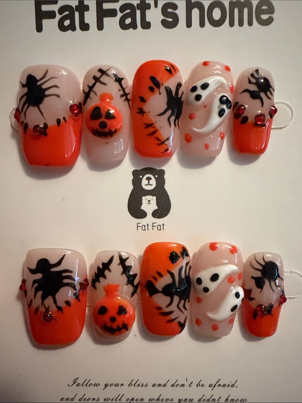 Halloween theme Orange & Nude handmade acrylic press on Nail Set